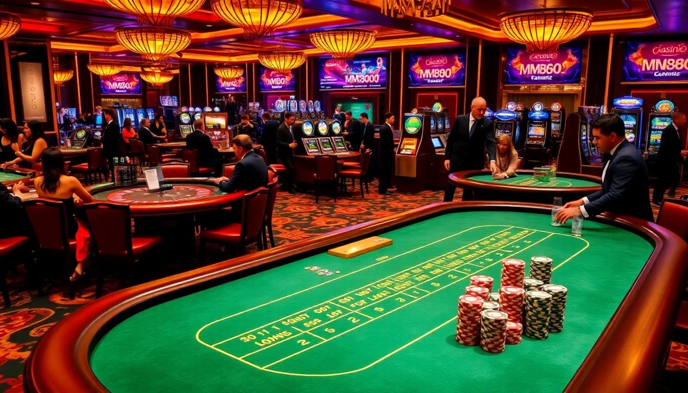 Players enjoying high stakes at casino mm88's luxurious Baccarat table, with vibrant atmosphere.