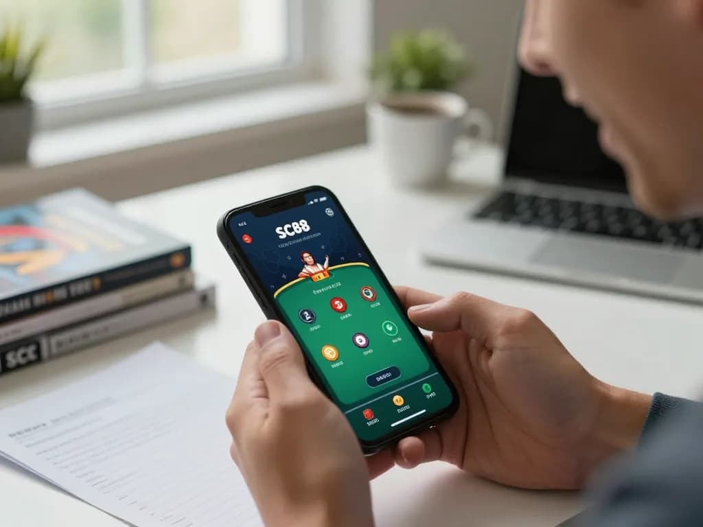 Player enjoying strategic gameplay on the SC88 app in a cozy home office setting.