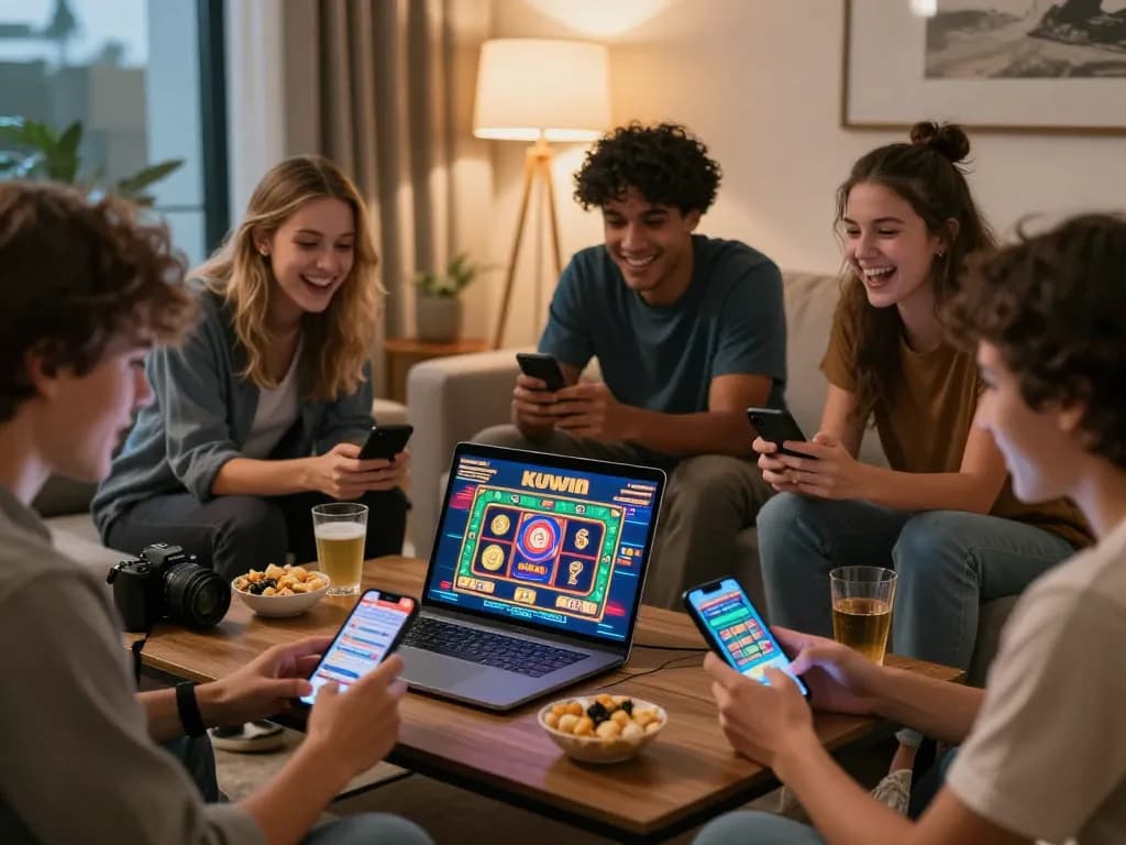 Friends enjoying an exciting KUWIN online gambling session with gaming graphics.