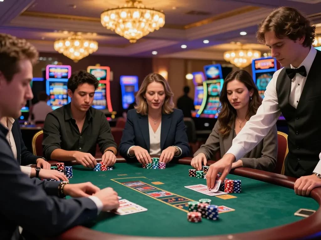 Players engaging at a blackjack table at 123bmvp casino, showcasing strategic gameplay and a lively atmosphere.
