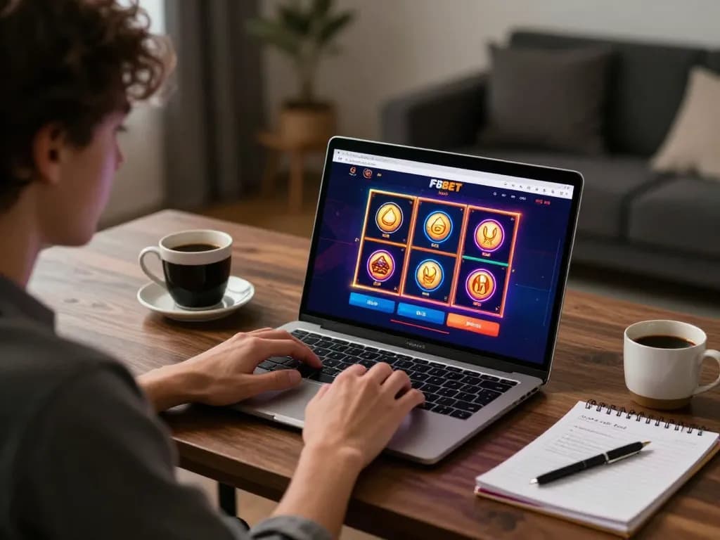 Engaging in online gaming at F8BET, showcasing colorful casino slots and cozy home setup.