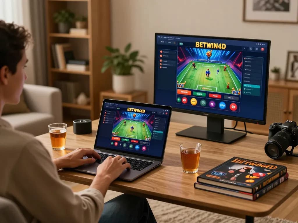 Enjoying an online gaming session with BETWIN4D on a stylish laptop at home.