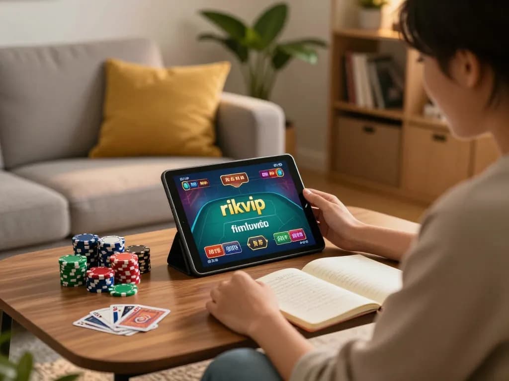 Engaging gameplay experience of game rikvip on a tablet in a cozy home setting.