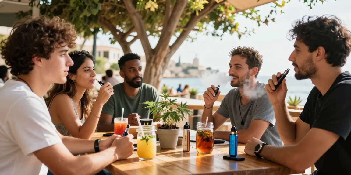 The legal age to vape in Cyprus highlighted as friends enjoy vaping in a vibrant cafe, emphasizing natural wellness and community interactions.