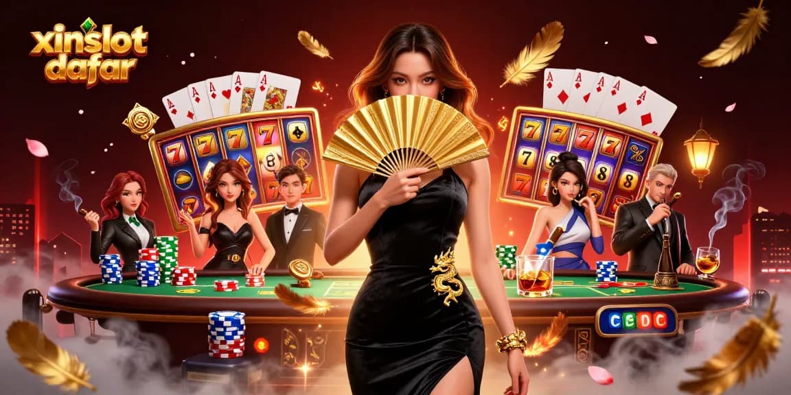XINSLOT daftar showcases an exciting online casino experience with dynamic slot machines and poker elements.