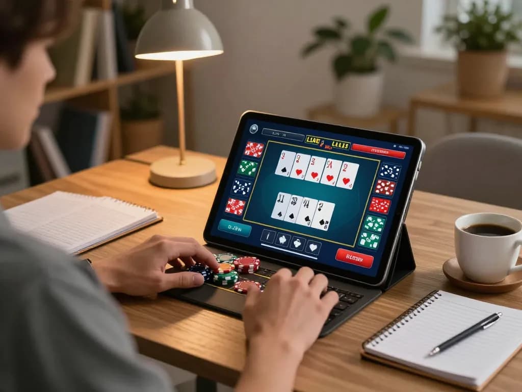 Engaging online blackjack gameplay at home using 9bet tablet, vibrant gaming interface visible.