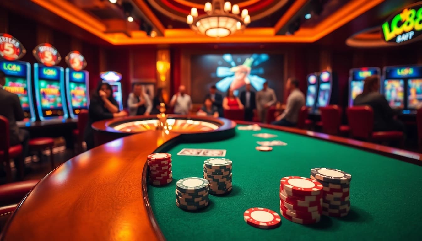 Enjoy a thrilling game at LC88's vibrant casino with poker chips and a roulette wheel.
