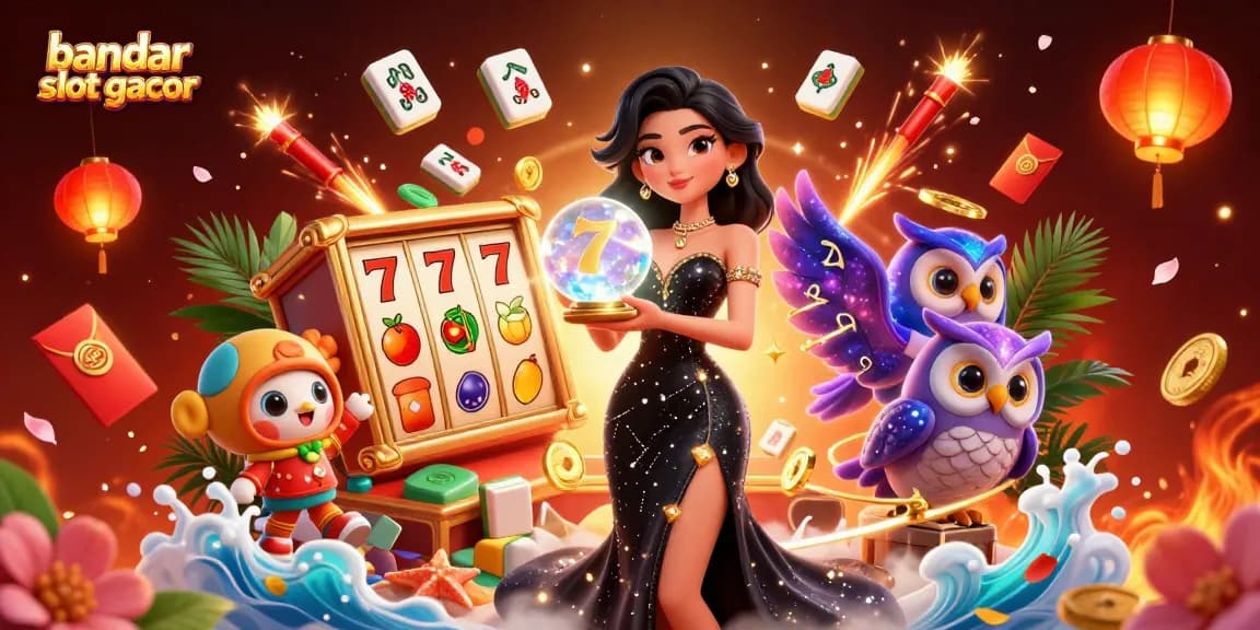 Engaging visual of bandar slot gacor featuring a woman with a crystal ball, firework elements, and vibrant casino symbols.