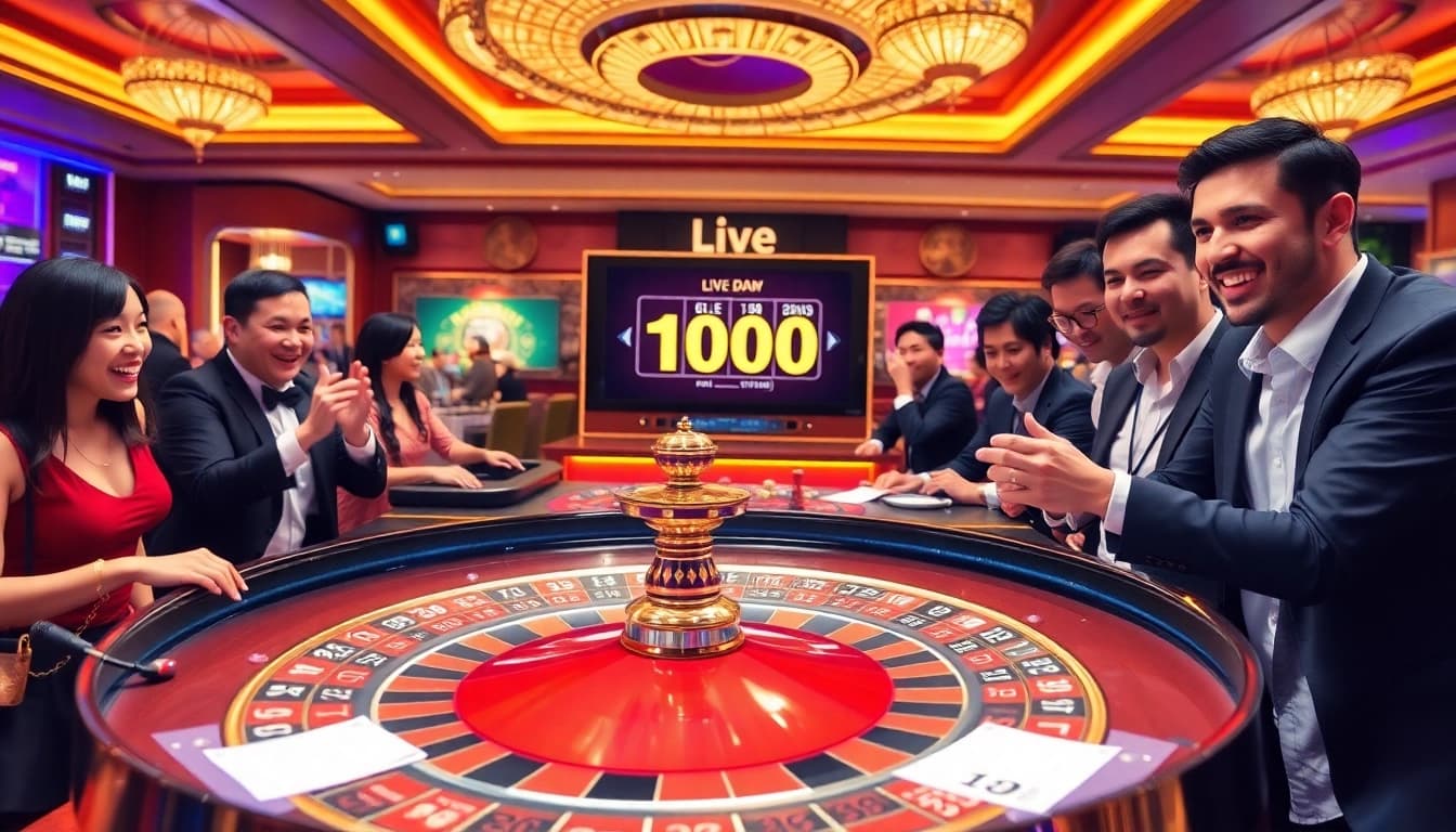 Experience the thrill of Live Toto Macau with a vibrant roulette table surrounded by eager players.