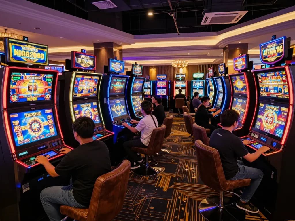 NAGA2000 SLOT players enjoying vibrant slot machines in an upscale gaming lounge atmosphere