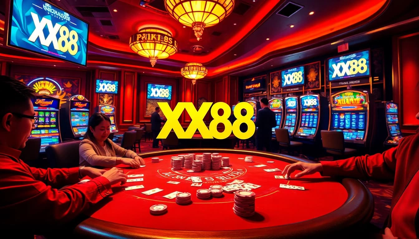 Engage with thrilling games at nhà cái XX88, featuring vibrant poker tables and slot machines.
