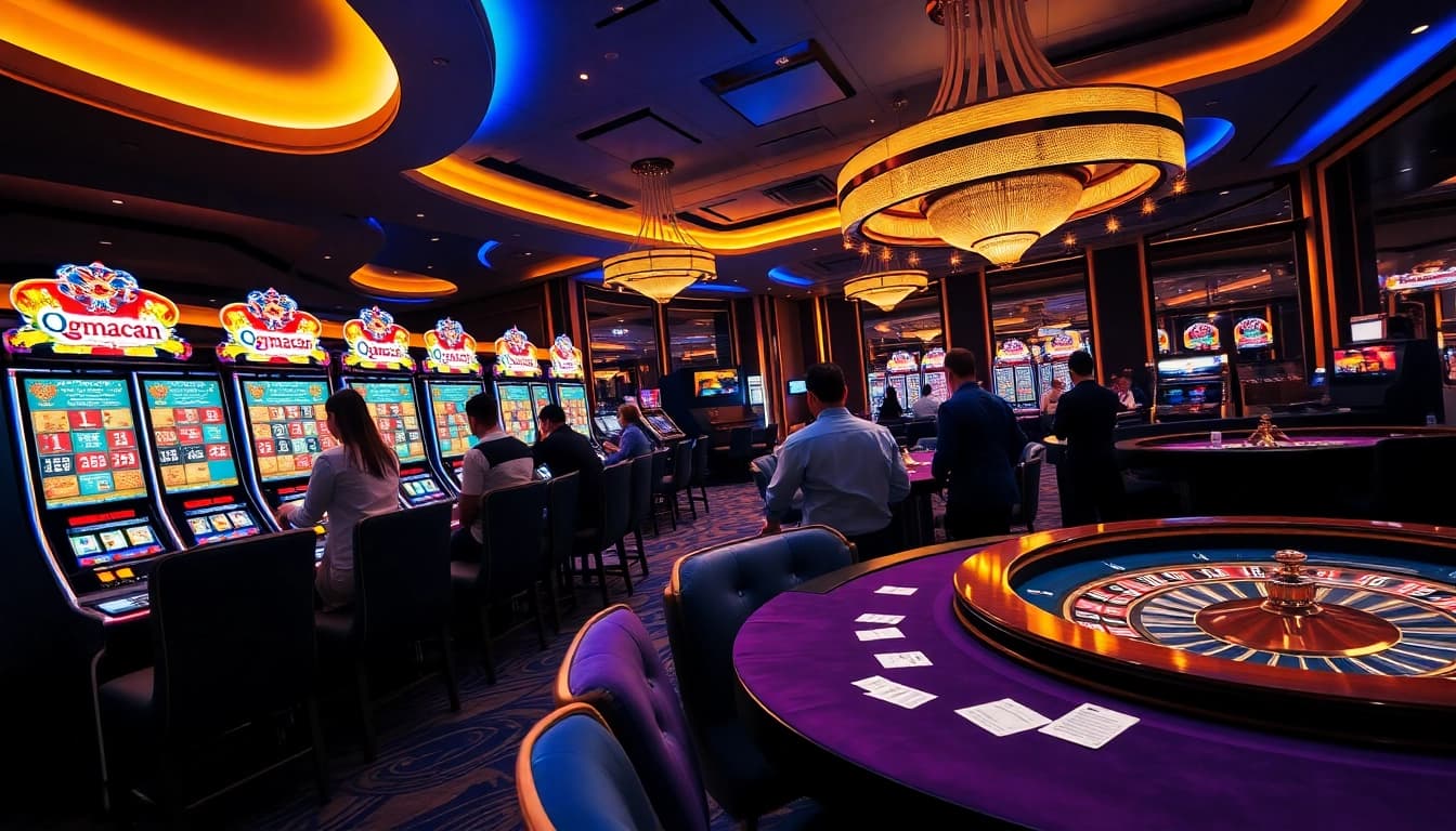 Players engaged with qqmacan slots in an exciting casino setting filled with vibrant machines and chips.