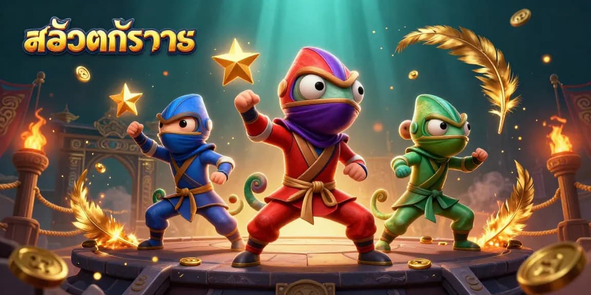 Witness the excitement of สล็อตทดลอง with a vibrant 3D scene featuring chameleon ninjas amidst casino elements.