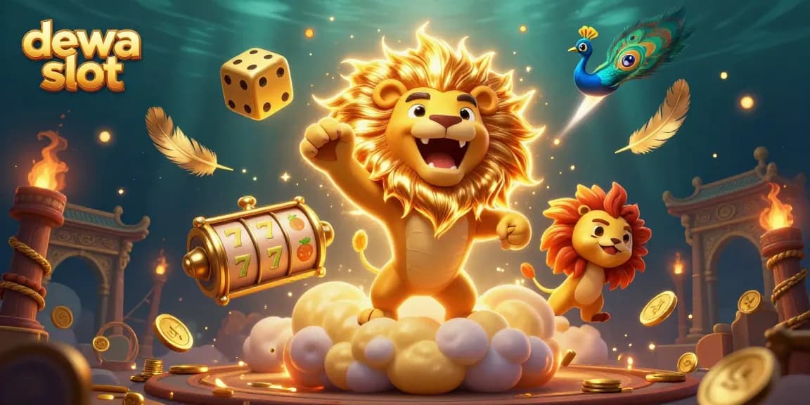 Engage in thrilling dewa slot adventures with a lion heralding victory amid golden dice and vibrant casino elements.