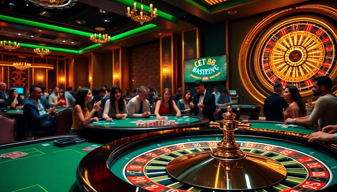 Engage with the exciting BET88 casino experience featuring vibrant gameplay, poker chips, and a roulette wheel.