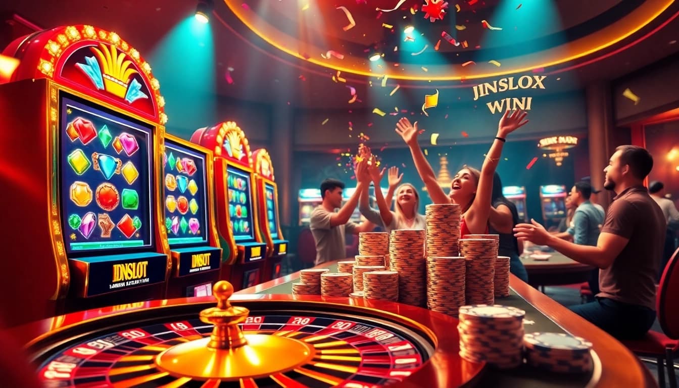 IDNSLOT players celebrating a jackpot win at an online slot machine with colorful casino elements.