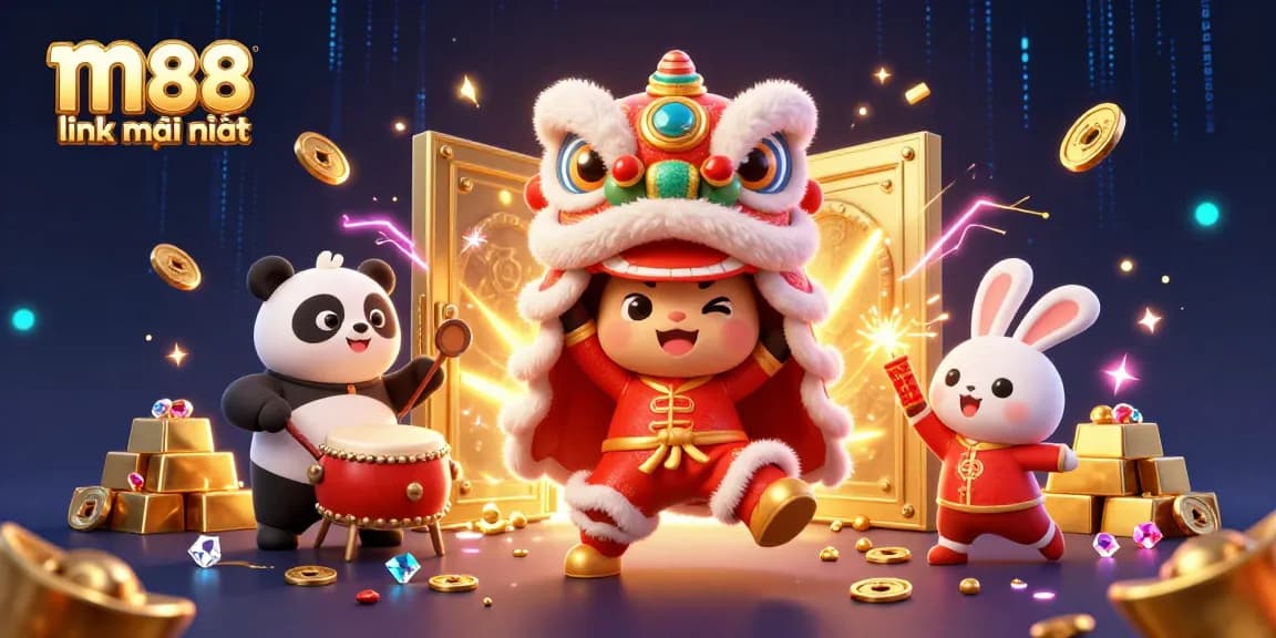 Tham gia vào thế giới sống động của m88 link mới nhất trong minh họa casino đầy năng động mô tả điệu múa sư tử và những kho báu.