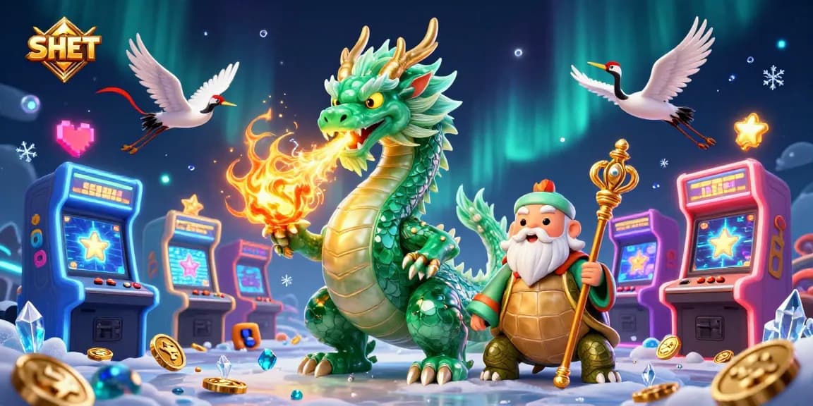 Experience the thrill of SH BET with a vibrant casino scene featuring a jade dragon and lucky elements.