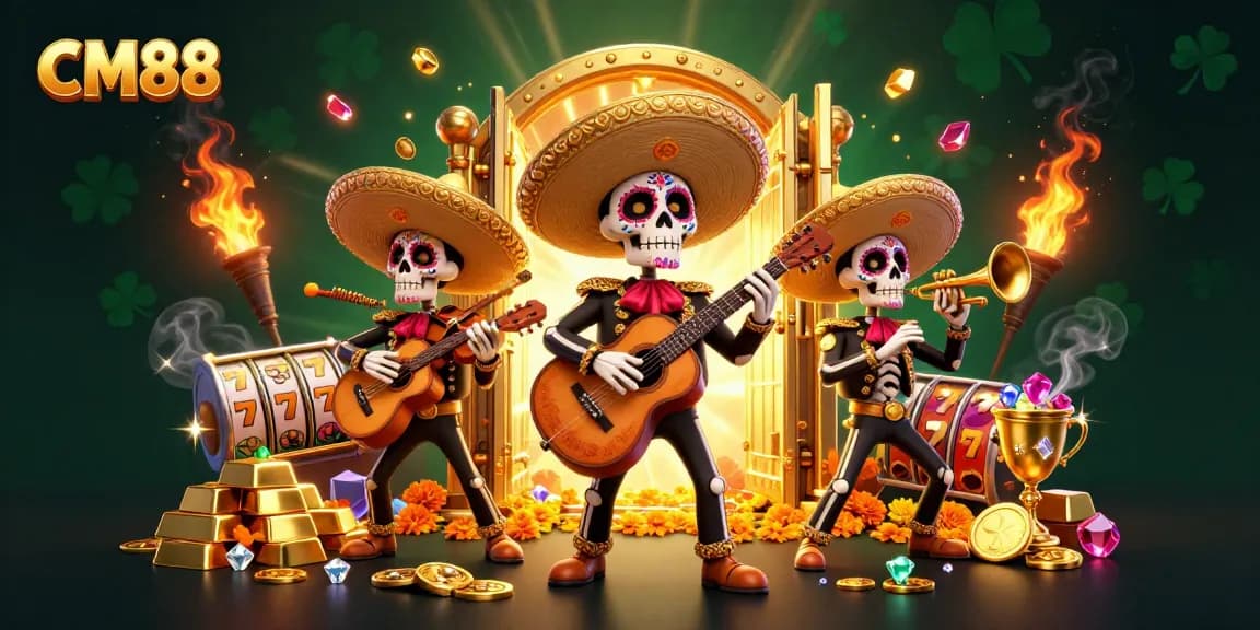 Engage in the thrill of CM88 with vibrant 3D illustration featuring a festive mariachi band and casino elements.