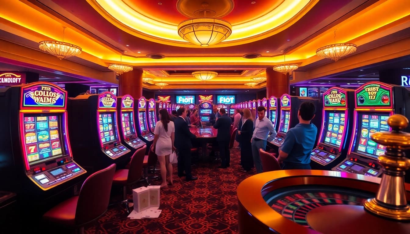 Players engaging with RTP Slot Live for a thrilling casino experience amidst vibrant slot machines.