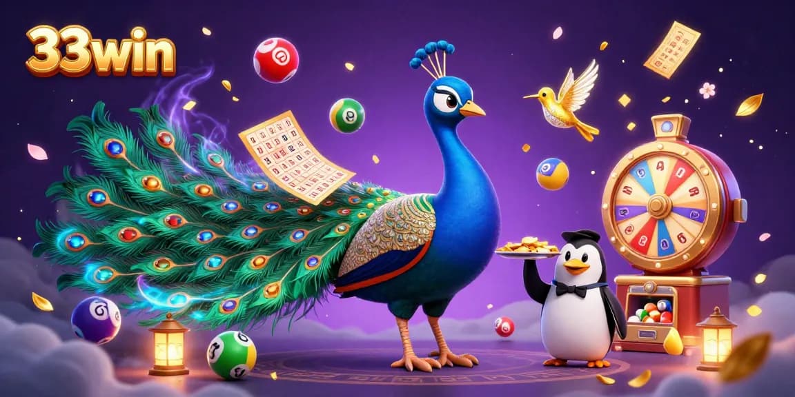 Join the excitement at 33win with a vibrant gambling-themed illustration featuring dynamic lottery elements.