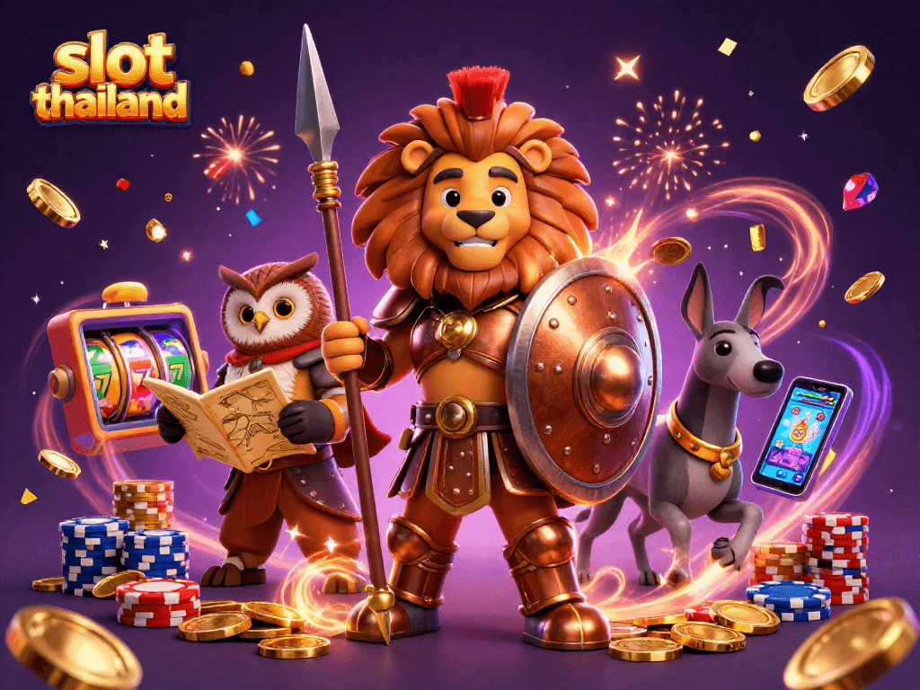 Spin your way to wins with slot thailand's vibrant gaming experience featuring a Spartan lion, owl strategist, and playful greyhound.