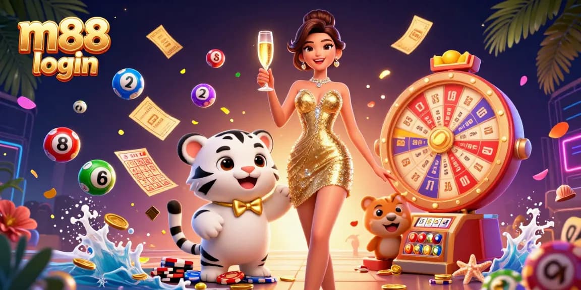 Tingkatkan peluang kemenangan Anda dengan login M88, menampilkan wanita elegan dan anak harimau yang beruntung.