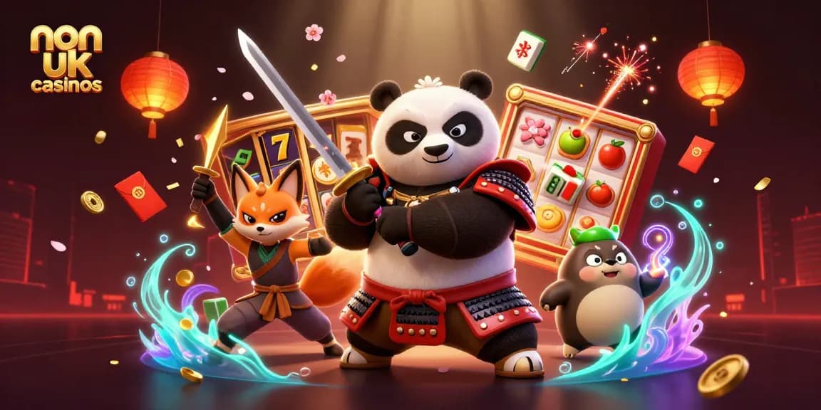 Engage with non UK casinos featuring vibrant characters and dynamic gaming elements in an action-packed scene.