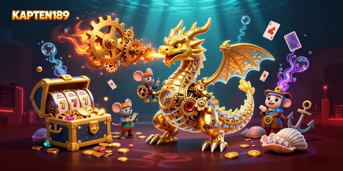KAPTEN189 menyajikan mesin slot dengan berita menarik, koin emas berkilau, dan simbol keberuntungan di latar belakang.