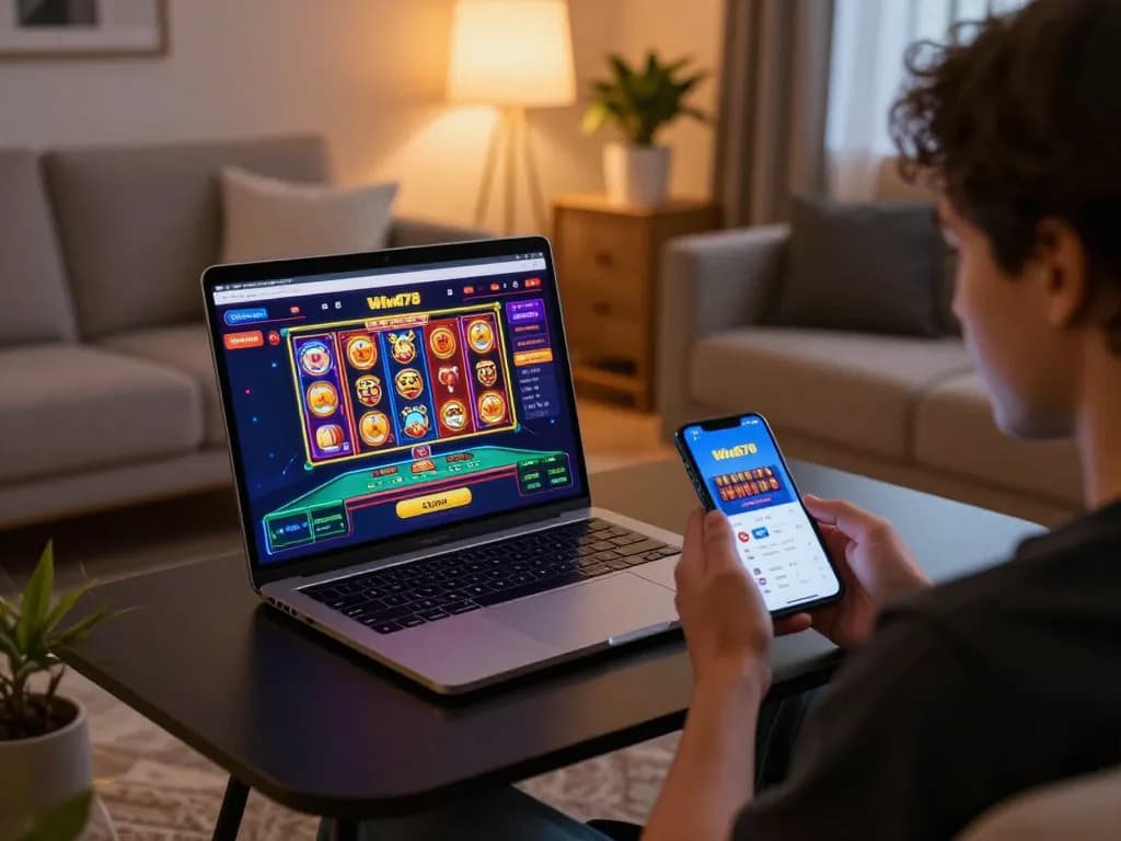 Engaging online gaming experience with Win678 on laptop and smartphone in a cozy home setting