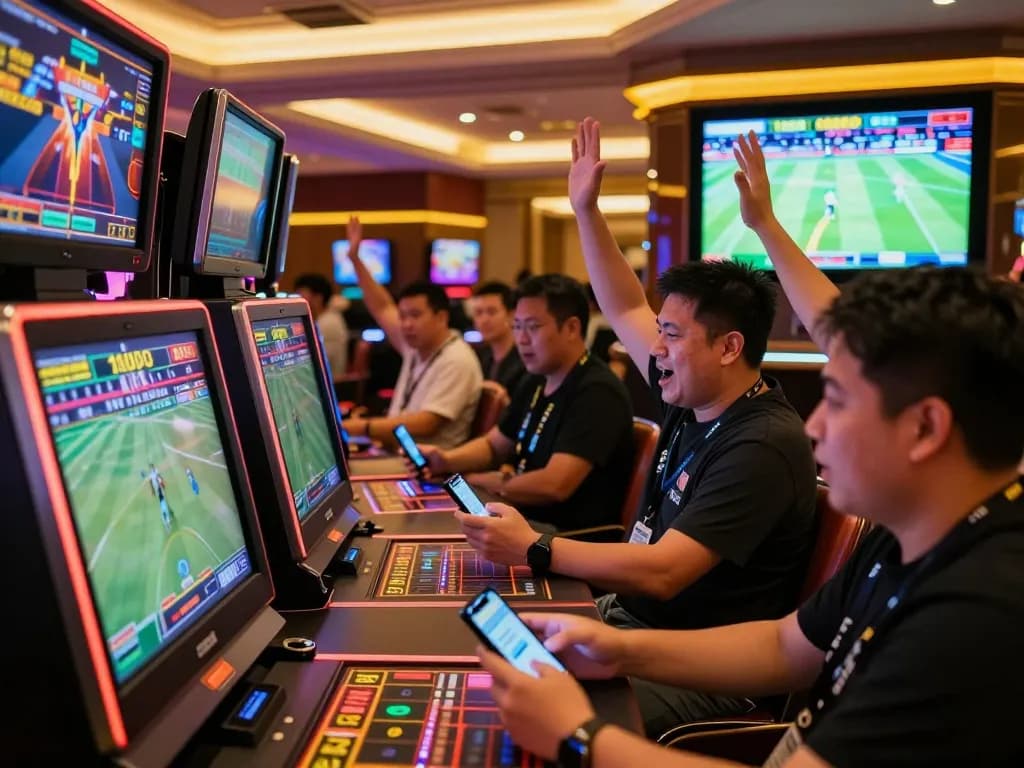 Fun88 bettors engaging in live sports betting excitement with mobile apps and screens.