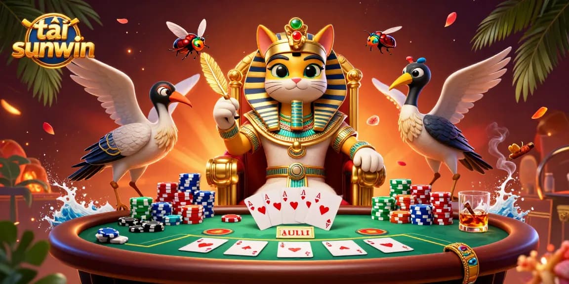 Tải sunwin with vibrant 3D characters and poker elements, showcasing a pharaoh cat and ibis scribe in a lively casino scene.