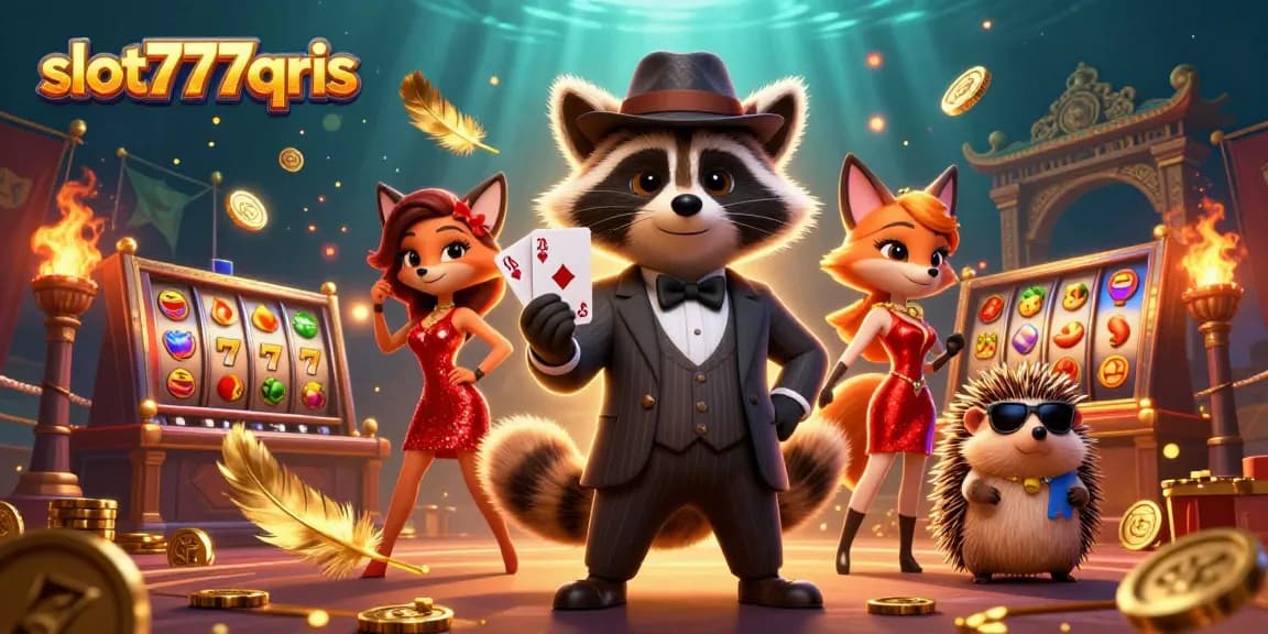 Engage in thrilling gameplay with slot777qris featuring a raccoon and fox in a vibrant casino scene.