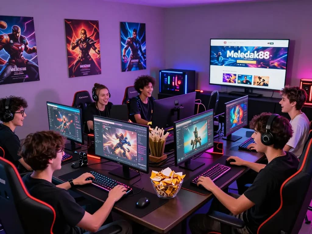 Friends enjoying a gaming session with Meledak88, showcasing the excitement of online gaming in a vibrant setup.
