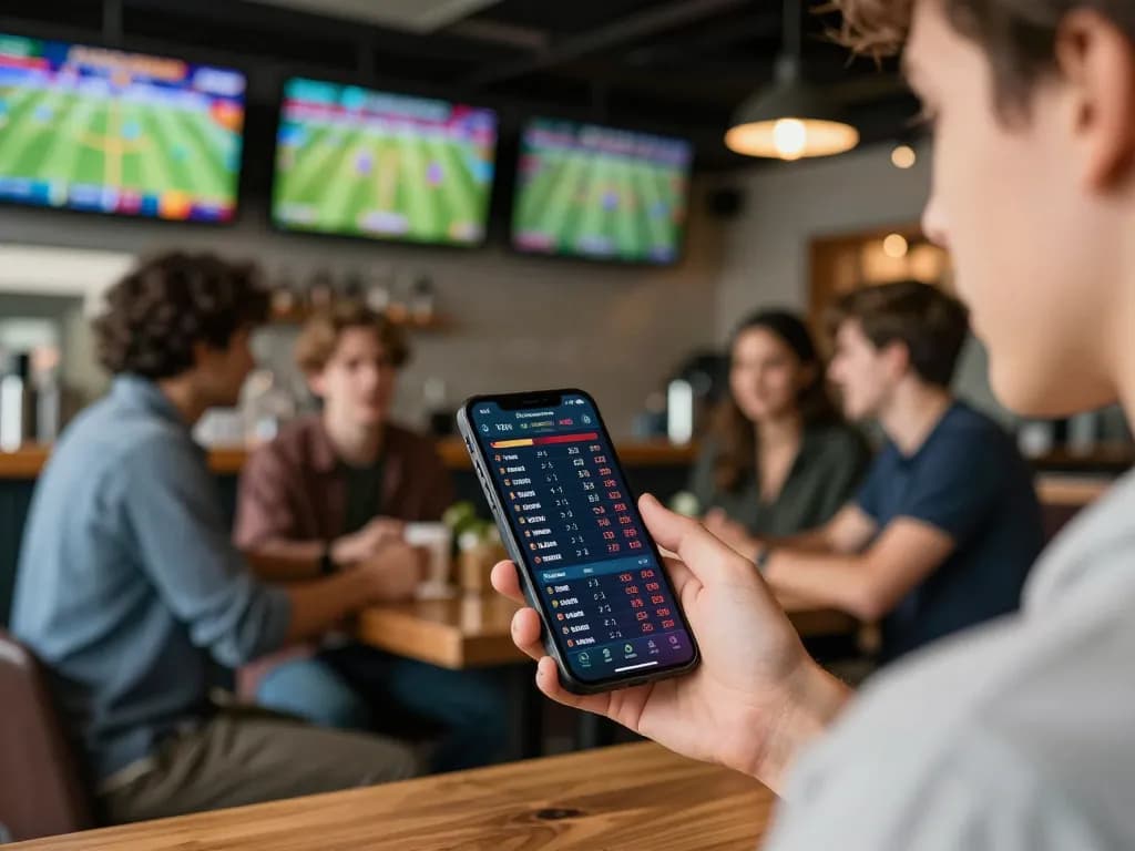 Person placing strategic bets on debet app in a lively sports bar setting with screens showing live games.