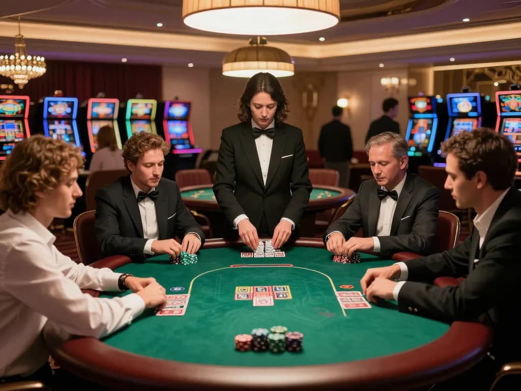 Players engaged in an intense poker game at a casino table on gameradar, showcasing high stakes atmosphere.