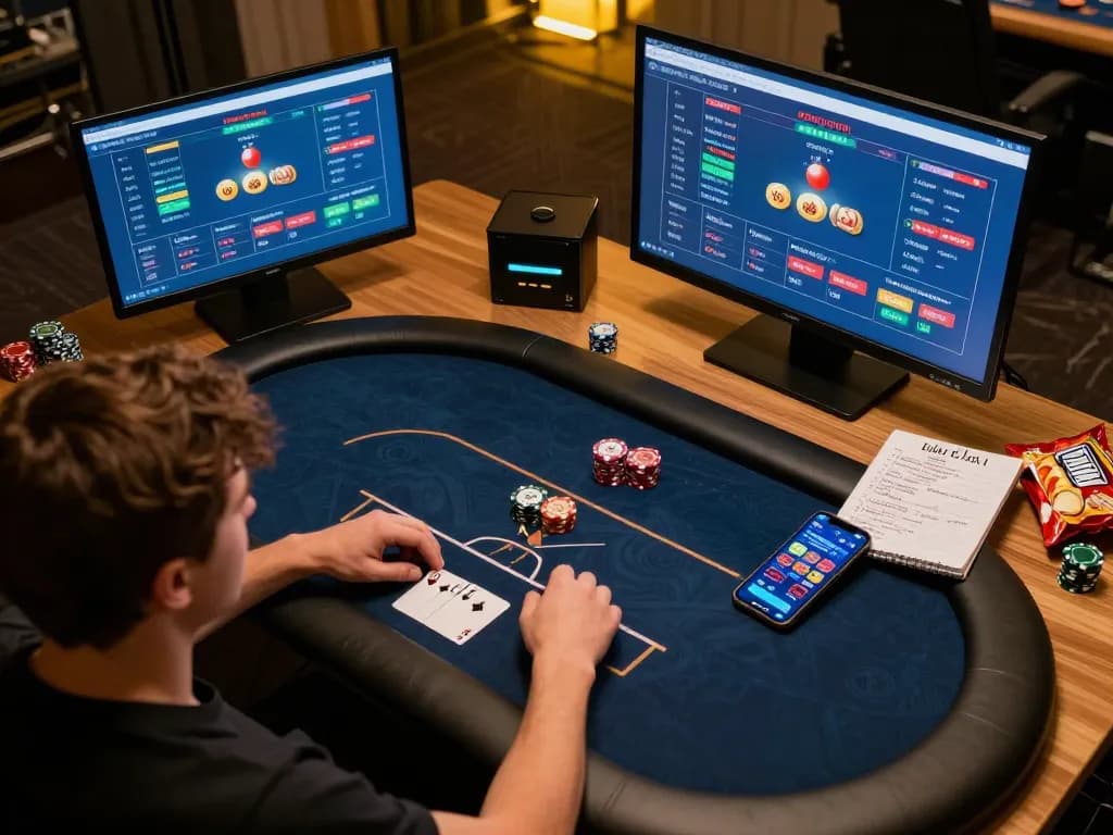 Player engages in online poker at home with 7-hd casino strategies on multiple screens.