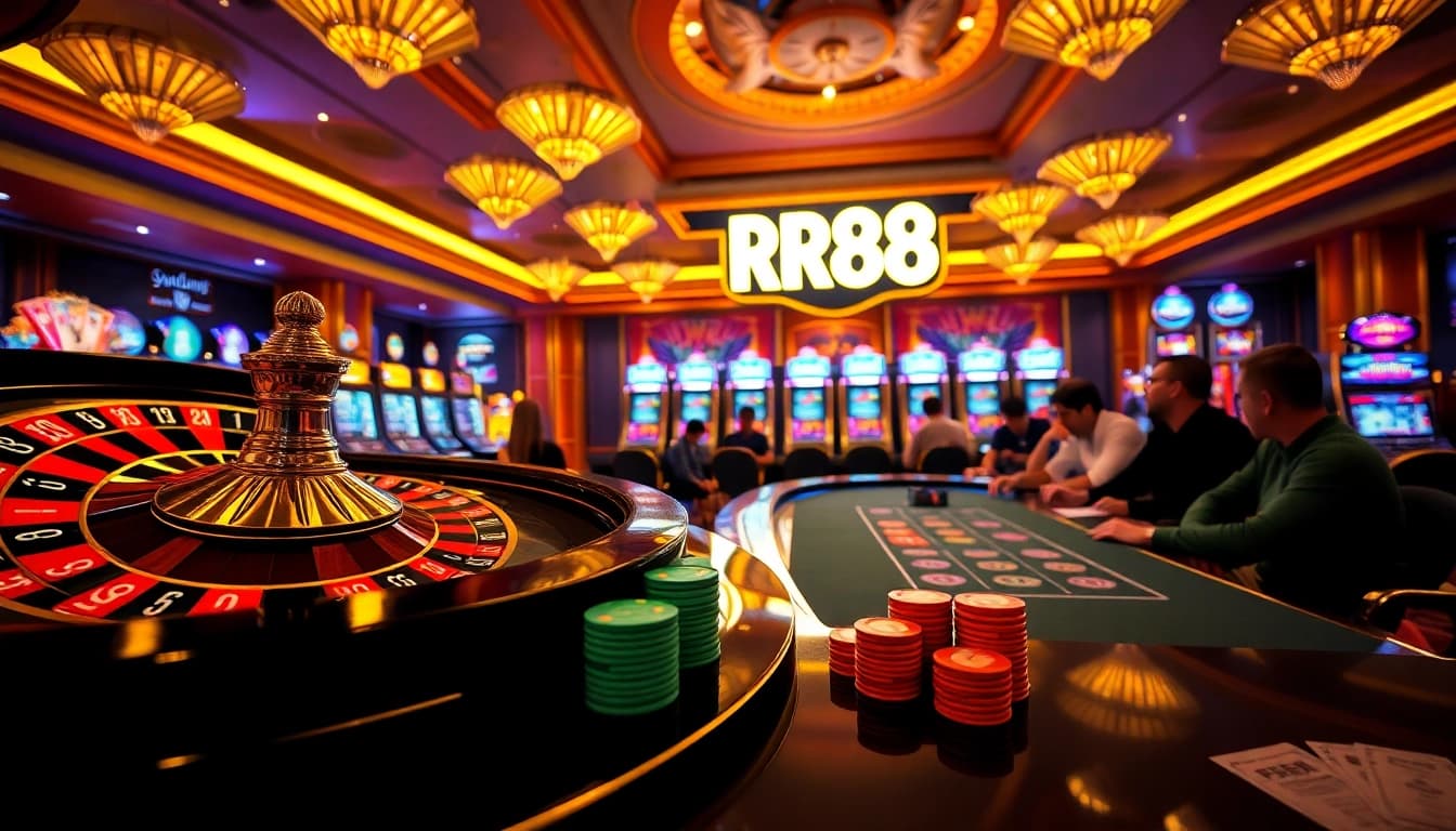 Players enjoying games at RR88's luxurious casino atmosphere with vibrant roulette and poker elements.