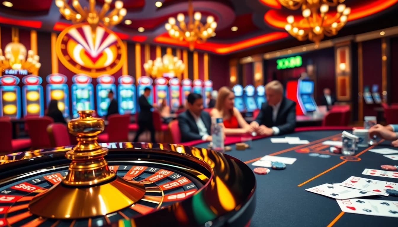 Players enjoying high-stakes poker at nhà cái XX88 casino, showcasing vibrant gambling excitement.