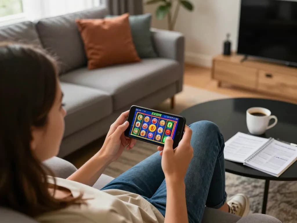 Player enjoying the zx88 mobile casino app with exciting game interface on smartphone in a cozy living room.