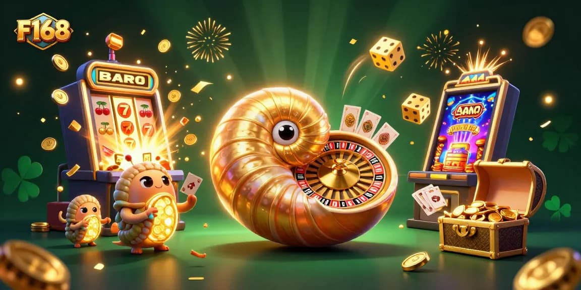 Experience the thrill of gaming at F168 with a dazzling casino scene featuring vibrant slot machines and dynamic characters.
