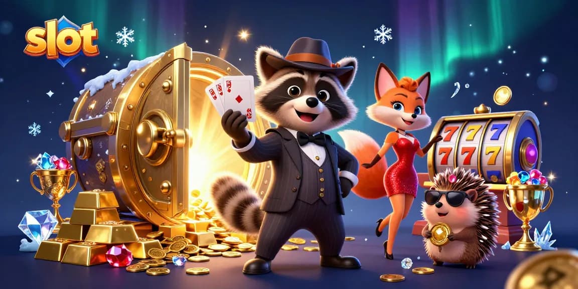 Taruhan slot dengan karakter rakun yang keren dan teman rubah dalam suasana glamor, menarik perhatian.