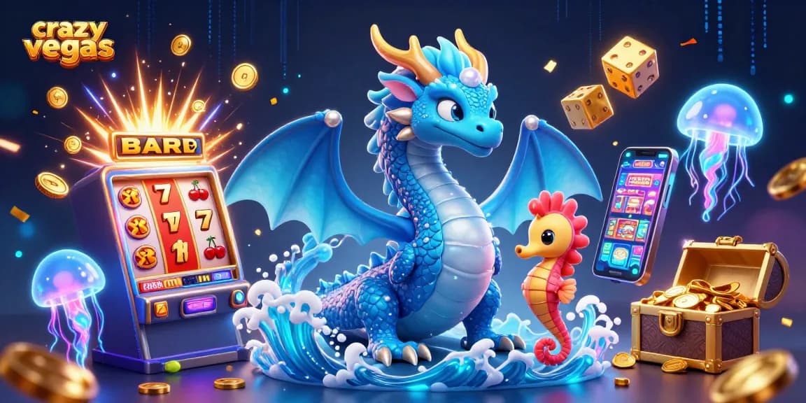 Experience the excitement of crazyvegas with a 3D dragon, seahorse knight, and dazzling casino elements.