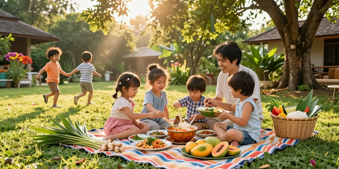 Family enjoying a Thai outdoor picnic featuring fresh dishes and vibrant fruits, highlighting the concept of สล็อต.