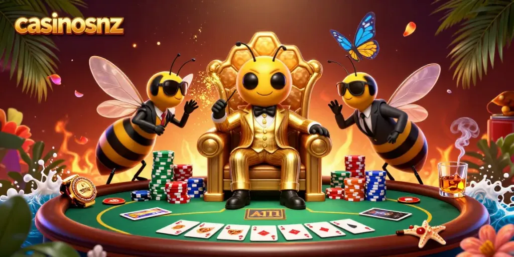 Experience high-stakes gaming action with casinosnz, featuring vibrant casino characters and dynamic poker elements.