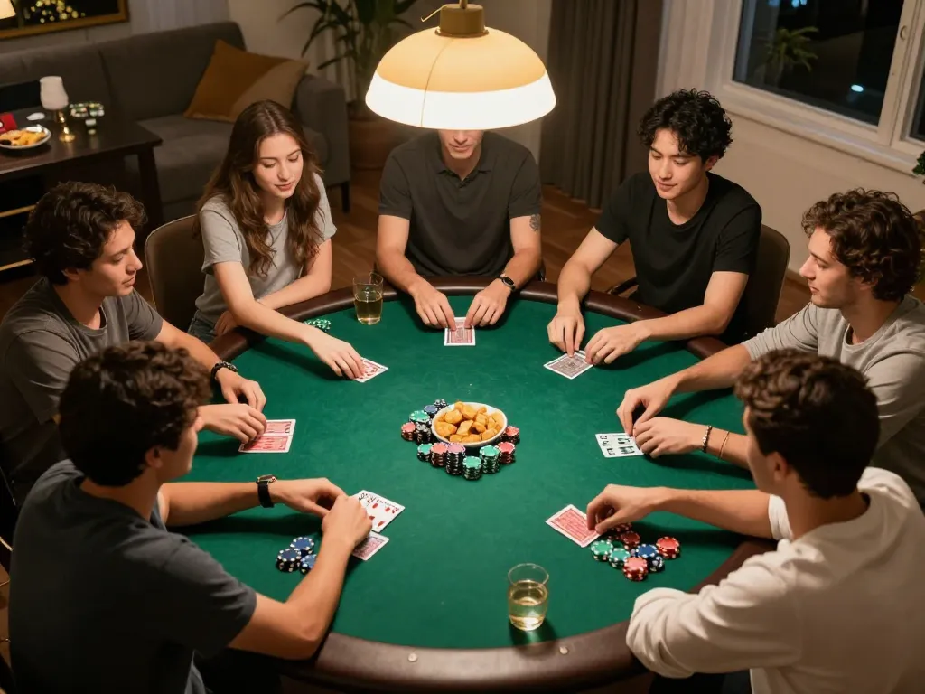 Iwin players engaging in a fun poker night at home, lively atmosphere with chips and cards visible.