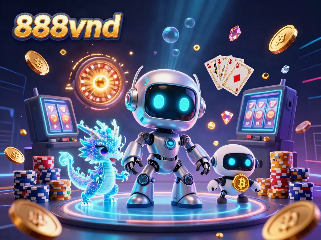 Experience thrilling gaming action with 888vnd's vibrant 3D scene filled with casino elements.