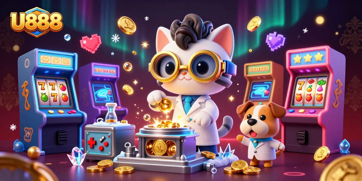 Experience U888's vibrant gaming world with a mad scientist cat and dog creating gold coins.