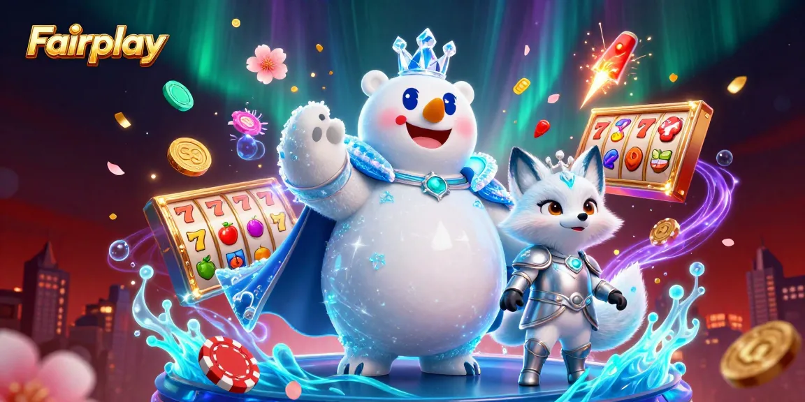 Experience Fairplay with a vibrant 3D casino scene featuring a polar bear and fox amidst thrilling slot reels and golden coins.