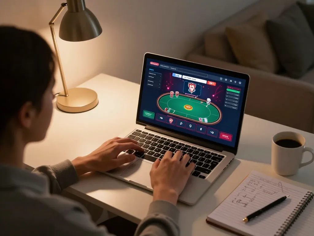 Player engaging in an exciting tr88 online poker game from home with strategy notes.